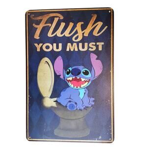 Flush You Must Tin Sign 12×8 Funny Bathroom Humor Blue Cartoon Metal Wall Decor